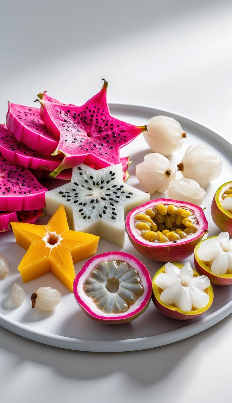 An exotic fruit platter featuring dragon fruit, star fruit, passion fruit, and lychee arranged on a white surface.