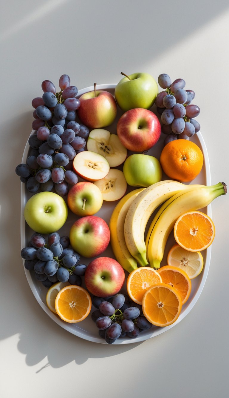 A mixed fruit platter with grapes, apples, bananas, and oranges arranged on a clean surface.