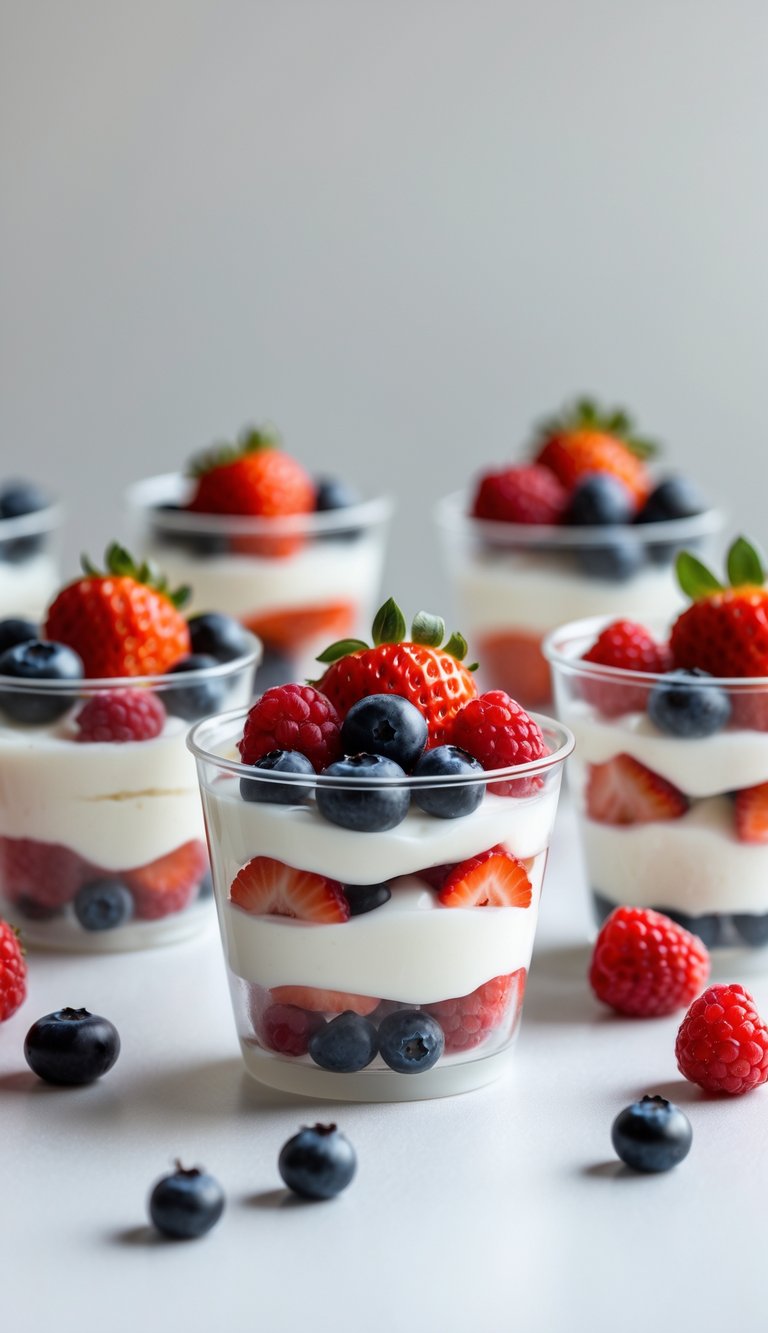 Mini fruit cups with layered berries and yogurt arranged on a white surface.