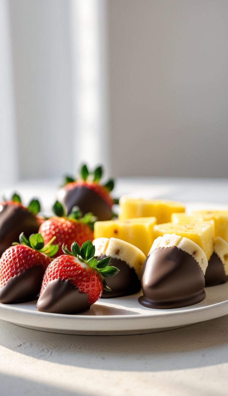 A platter with strawberries, banana slices, and pineapple chunks partially dipped in chocolate arranged on a white plate.