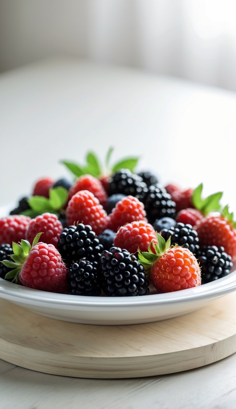 A platter filled with fresh raspberries, blackberries, and strawberries on a white plate.