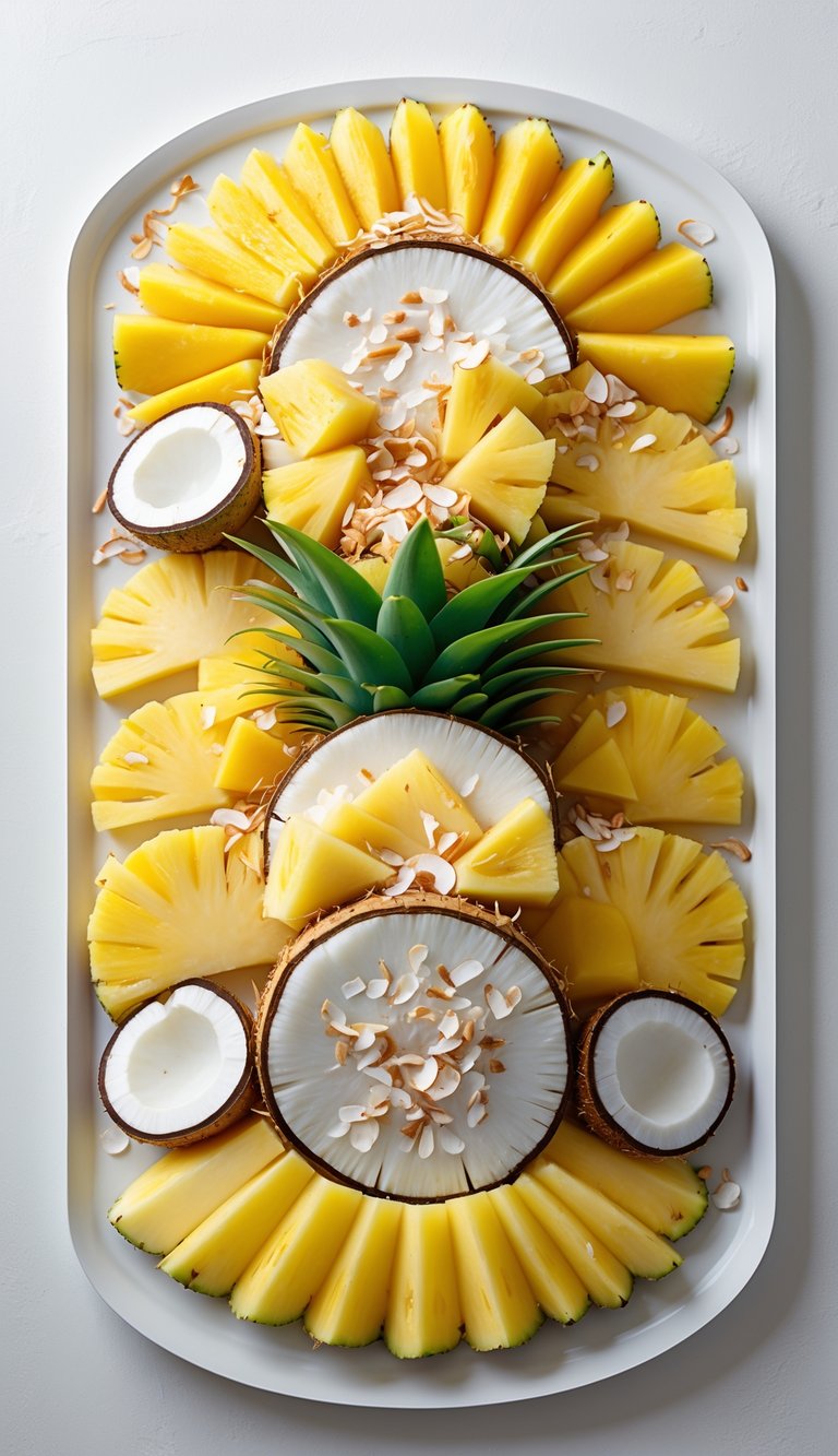 A white tray with a tropical fruit platter featuring sliced pineapple, coconut pieces, and toasted coconut flakes arranged neatly.