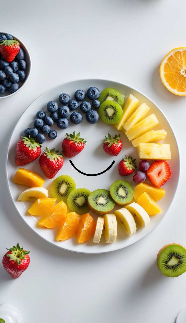 A fruit platter arranged as a colorful rainbow or smiley face made from various fresh fruits on a white background.