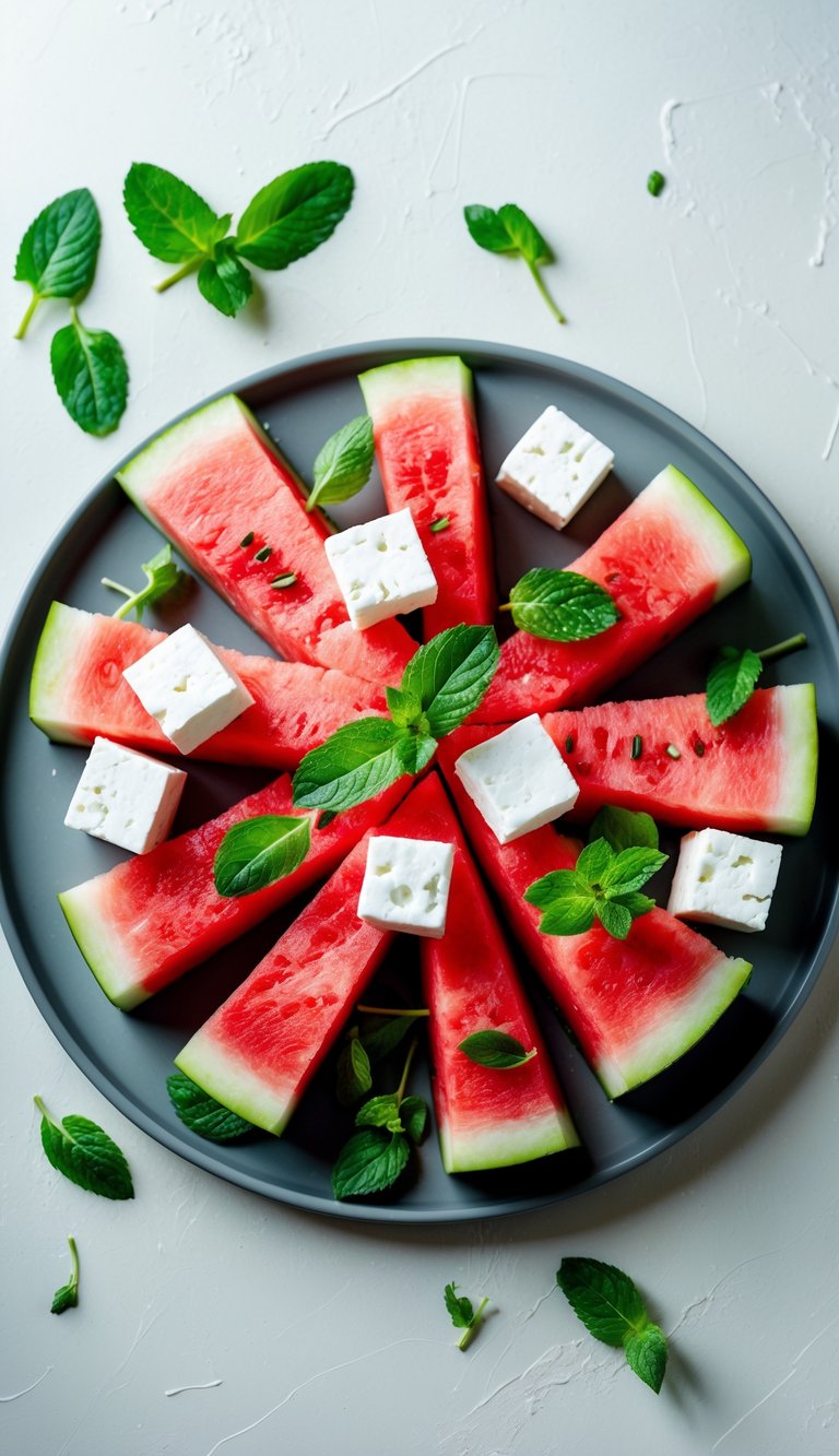 A platter with watermelon slices, feta cheese cubes, and mint leaves arranged together.