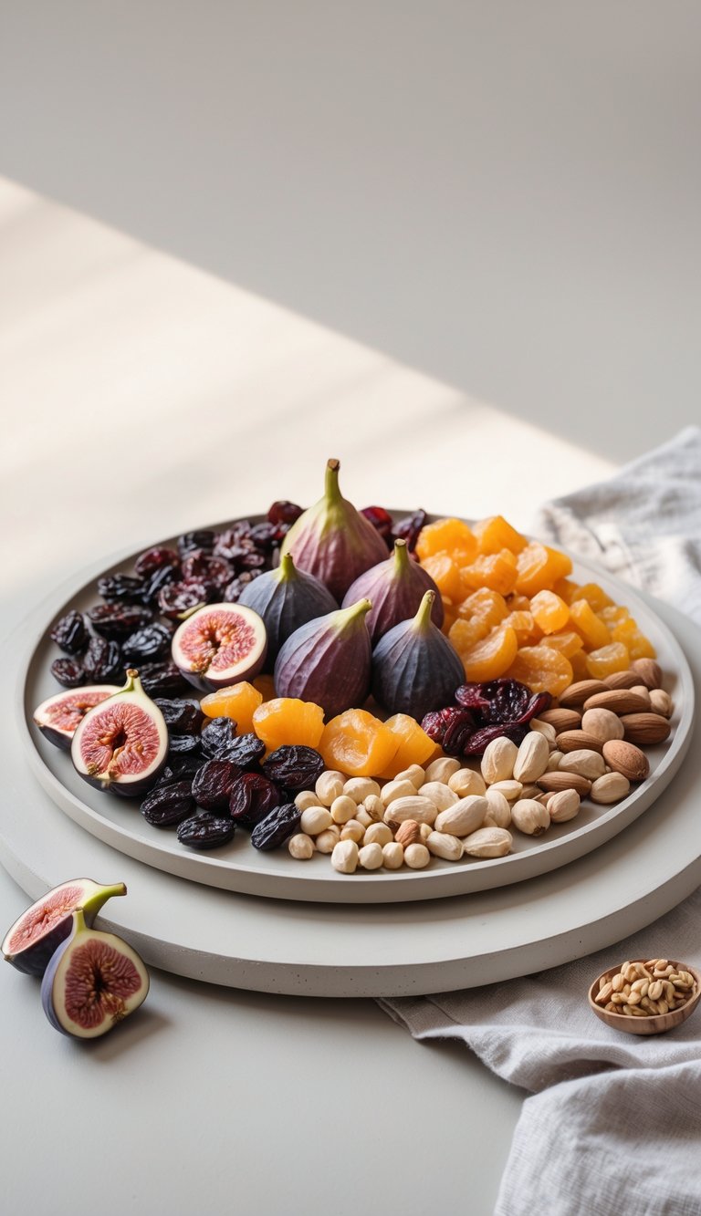 A platter with fresh figs, assorted dried fruits, and nuts arranged for a party.