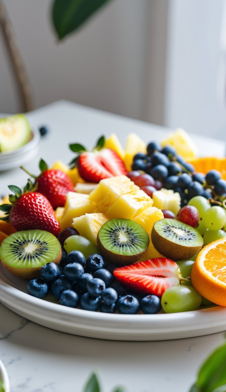 A colorful fruit platter with sliced strawberries, blueberries, kiwi, pineapple, grapes, and orange segments arranged on a white tray.