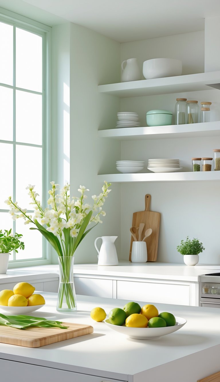A bright modern kitchen countertop with fresh spring flowers, citrus fruits, wooden cutting boards, and potted plants near a sunlit window.