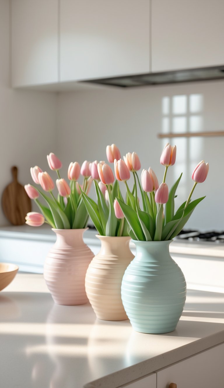 Pastel ceramic vases filled with fresh tulips arranged on a kitchen countertop.