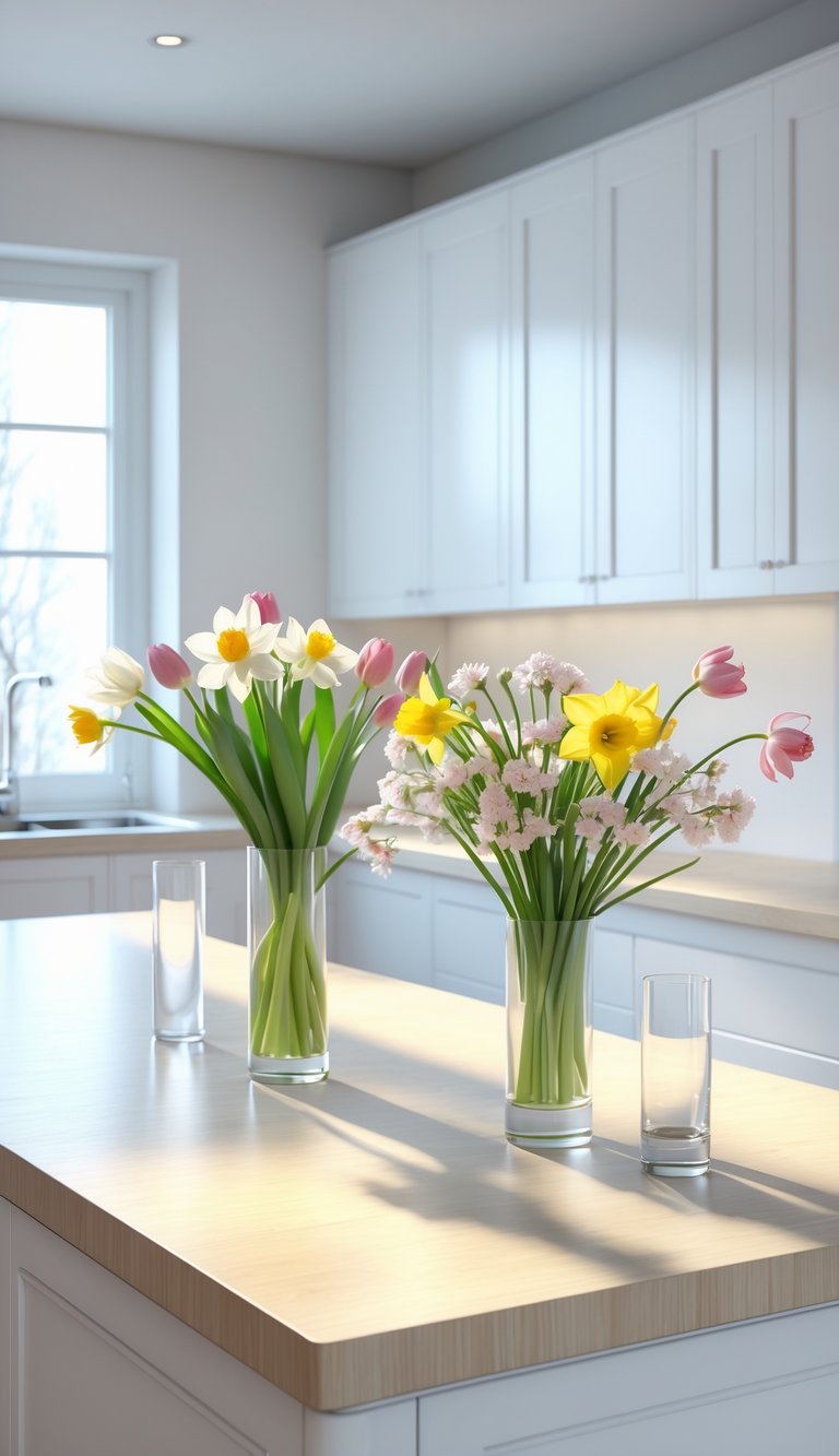 A modern kitchen with a large island displaying fresh spring flower arrangements in clear glass vases.
