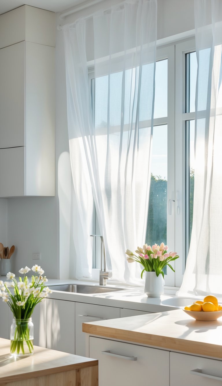 A bright kitchen with sheer white curtains flowing in the breeze by a large window, light cabinetry, and a wooden countertop with fresh flowers and fruit.