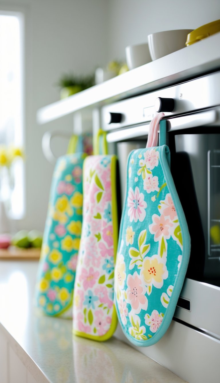 Colorful spring-themed dish towels and oven mitts displayed in a clean kitchen setting.