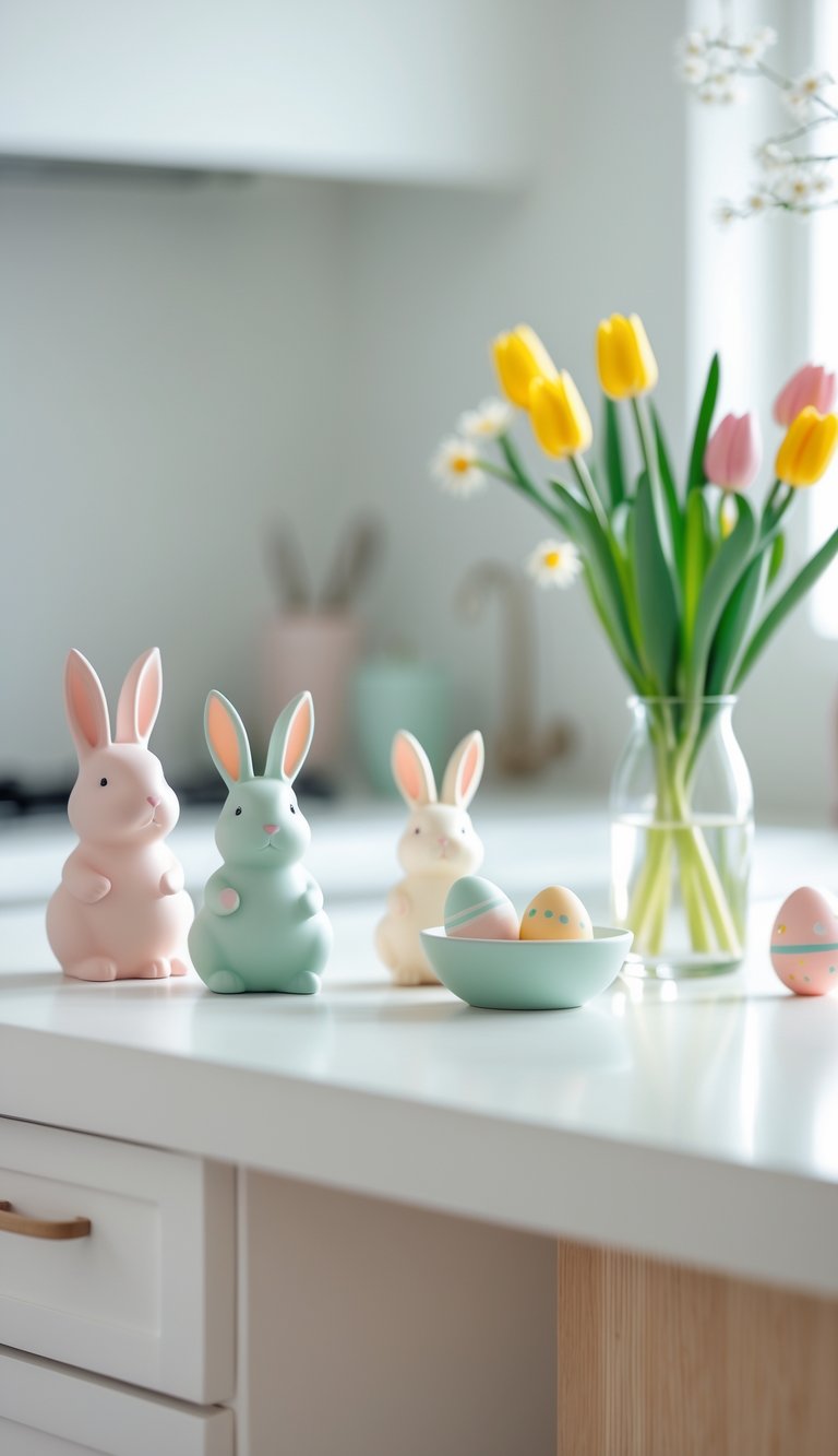 A kitchen countertop with bunny figurines, painted Easter eggs in a bowl, and fresh spring flowers in a vase.