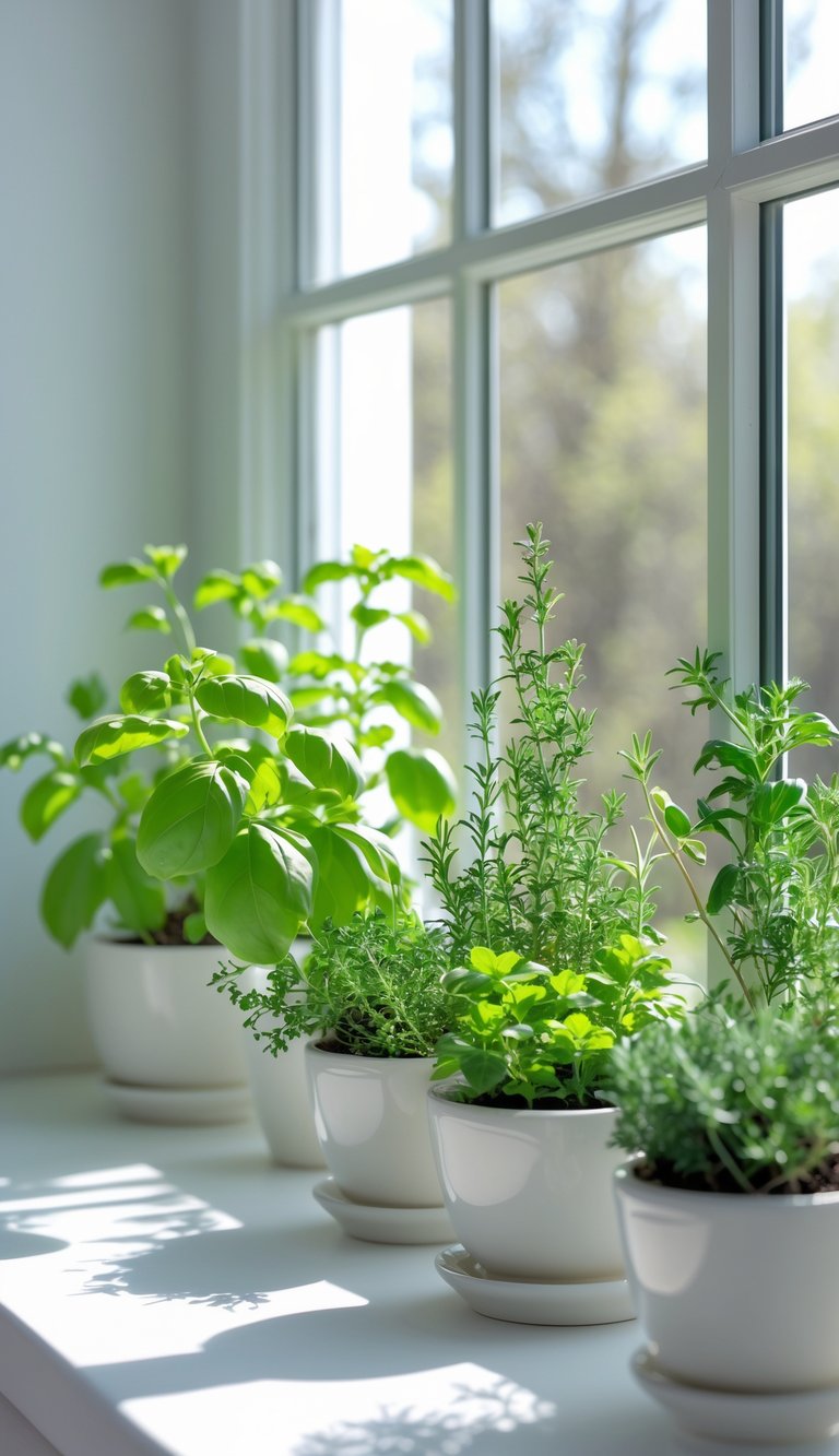 A kitchen windowsill with several small potted herbs arranged in white pots, illuminated by natural light.