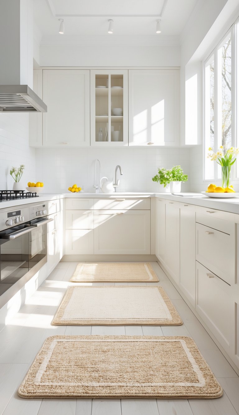 A bright kitchen with light-colored washable rugs on the floor and fresh spring decor on the countertops.