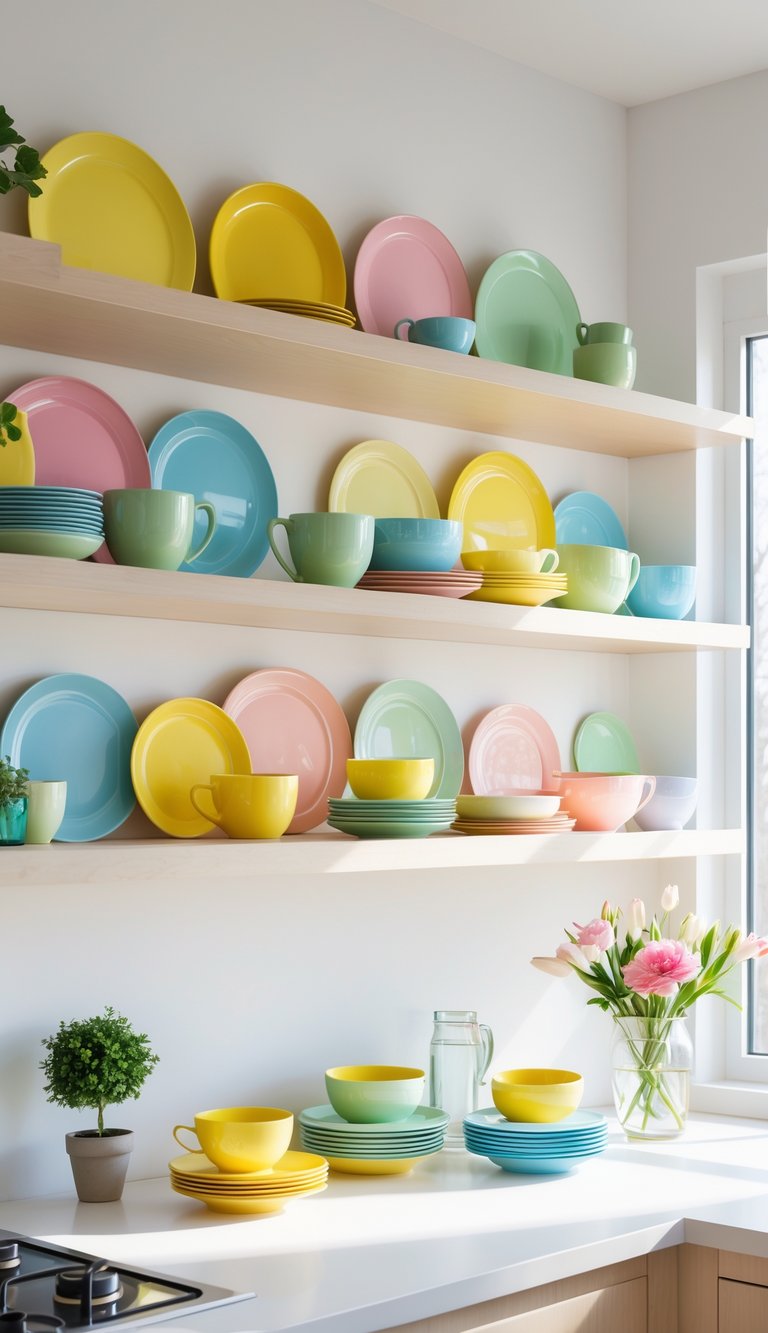 A kitchen with open wooden shelves displaying colorful spring dishware in pastel colors, with natural light and a few plants on the countertop.
