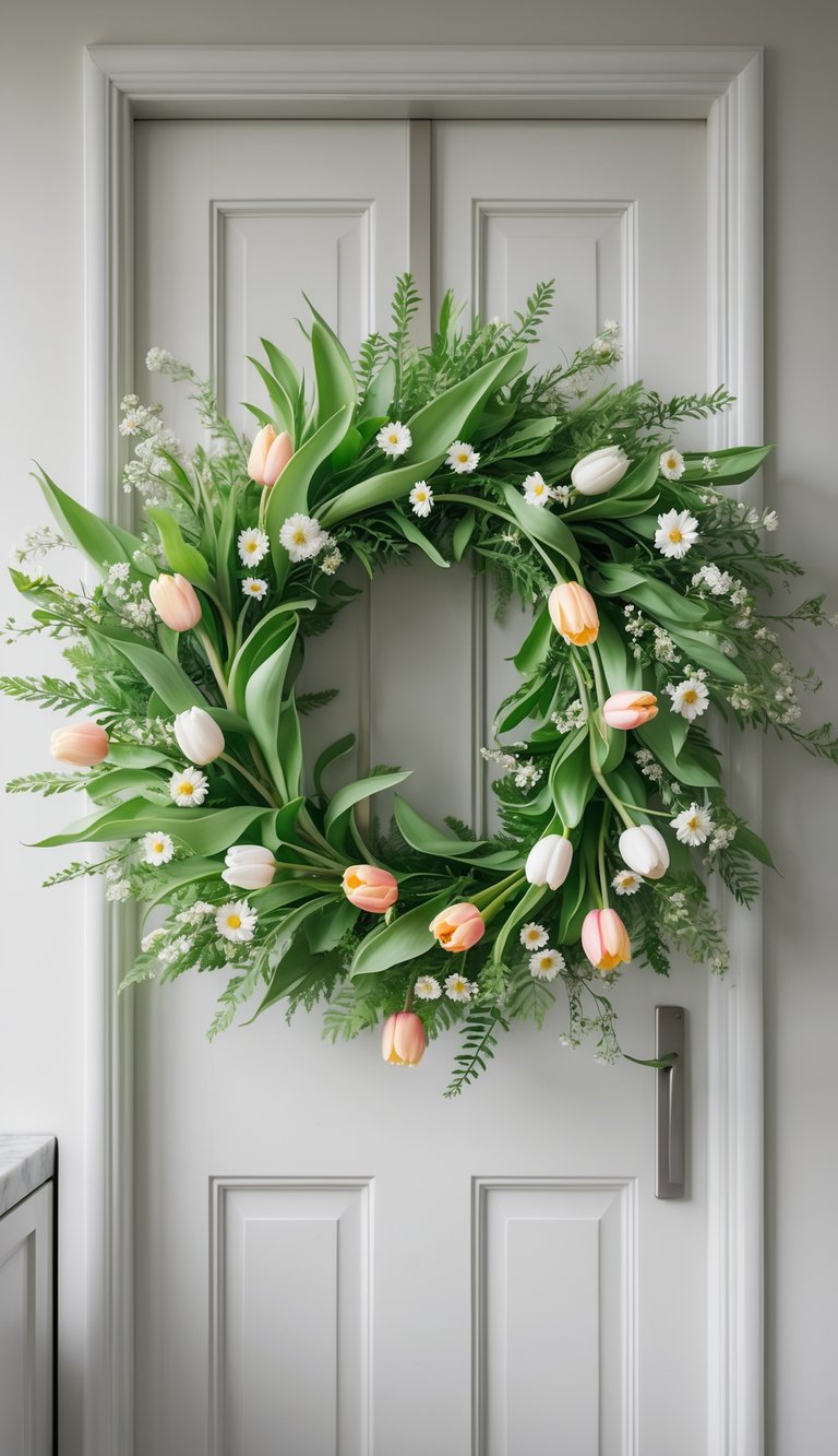 A kitchen door decorated with a wreath of fresh greenery and spring flowers.