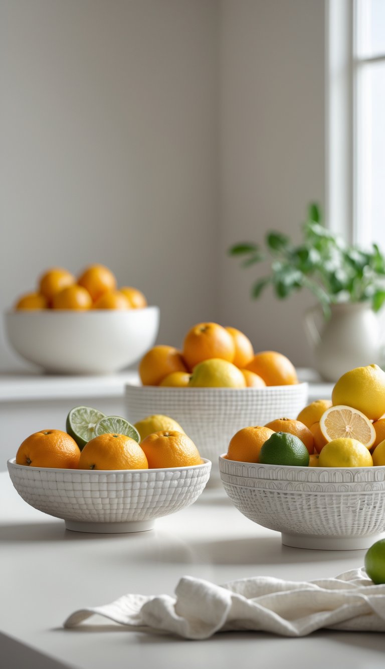 Decorative bowls filled with fresh citrus fruits on a kitchen countertop.