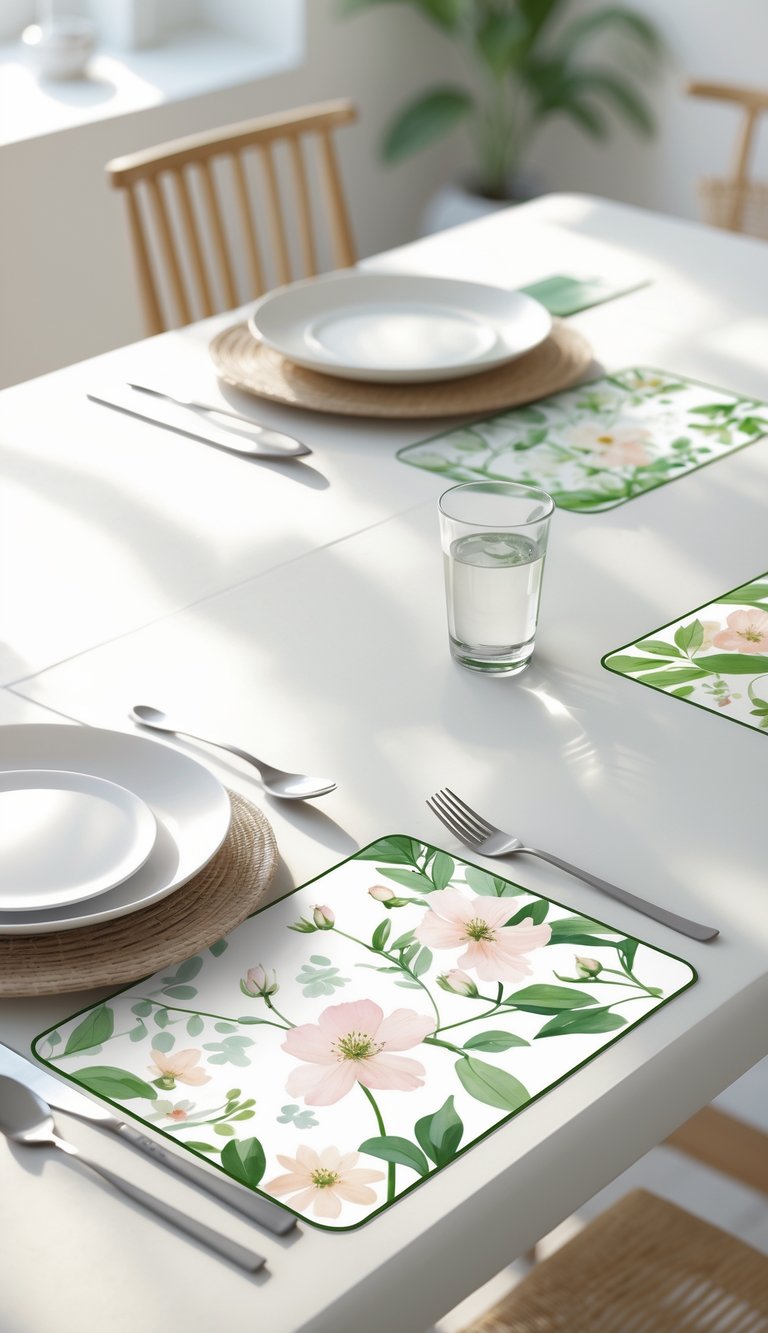 A kitchen table set with floral print placemats, white plates, and simple glassware in a bright, clean kitchen.