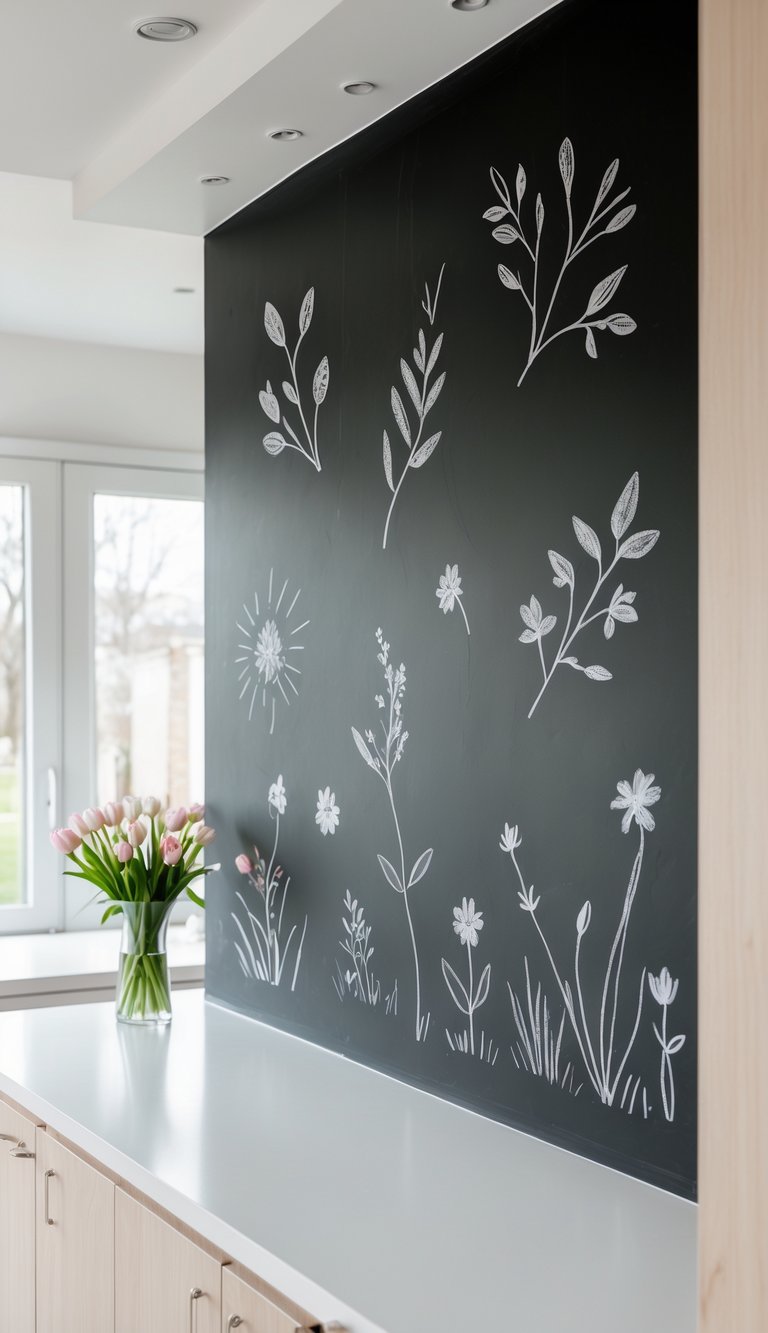 A modern kitchen with a black chalkboard paint wall decorated with spring-themed chalk drawings and fresh flowers on the counter.