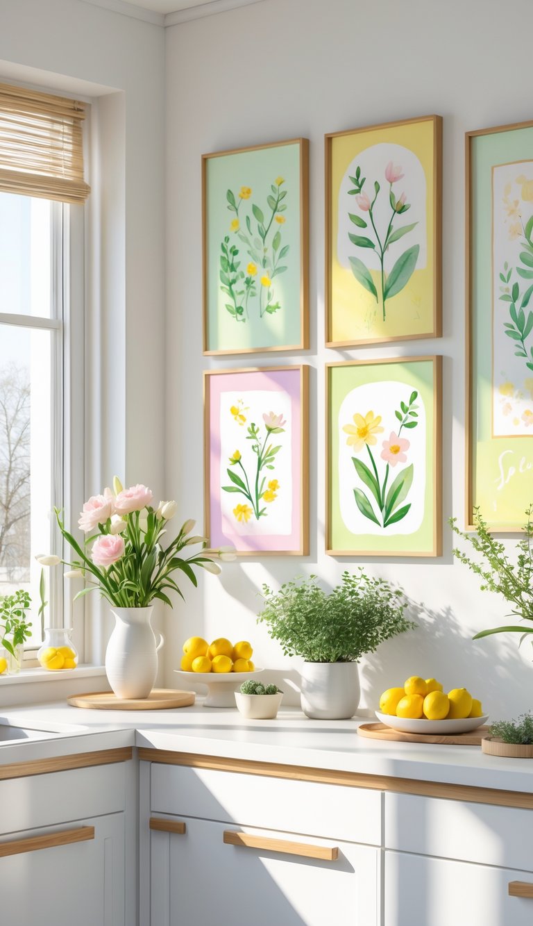 A modern kitchen with framed spring-themed artwork on the walls, fresh flowers on the counter, and natural sunlight coming through the windows.