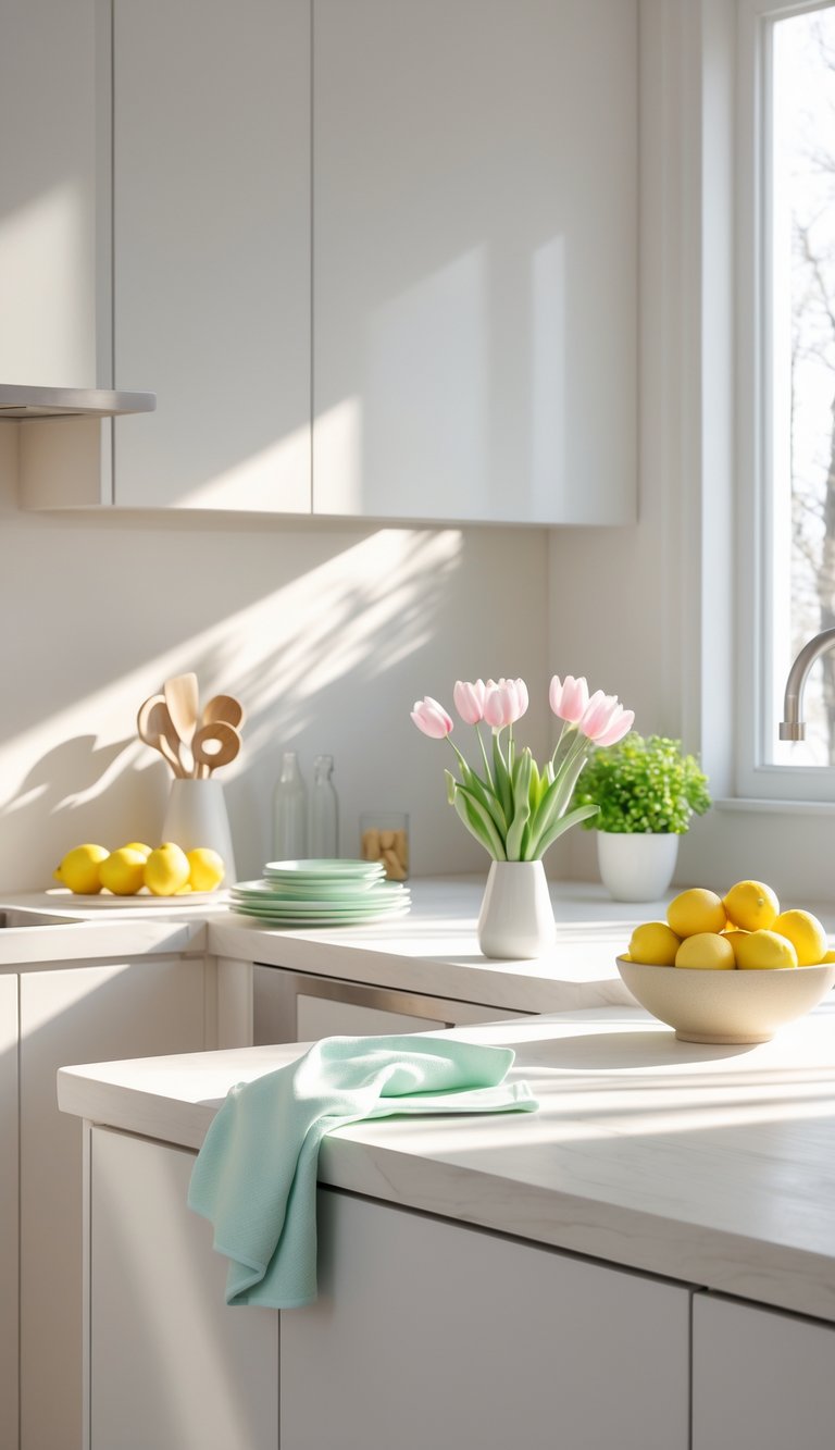 A bright modern kitchen countertop with fresh flowers, citrus fruits, and a small potted herb plant bathed in natural sunlight.