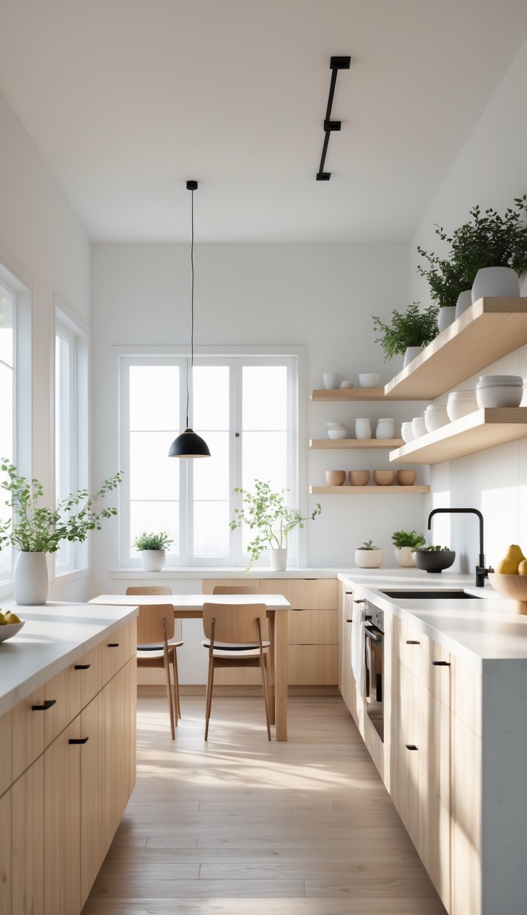 A bright kitchen with wooden cabinets, white countertops, a dining table, and natural light coming through large windows.
