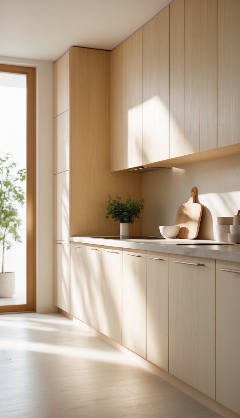 A bright kitchen with light wood cabinets, a clean countertop, and simple decor including a small plant and kitchenware.