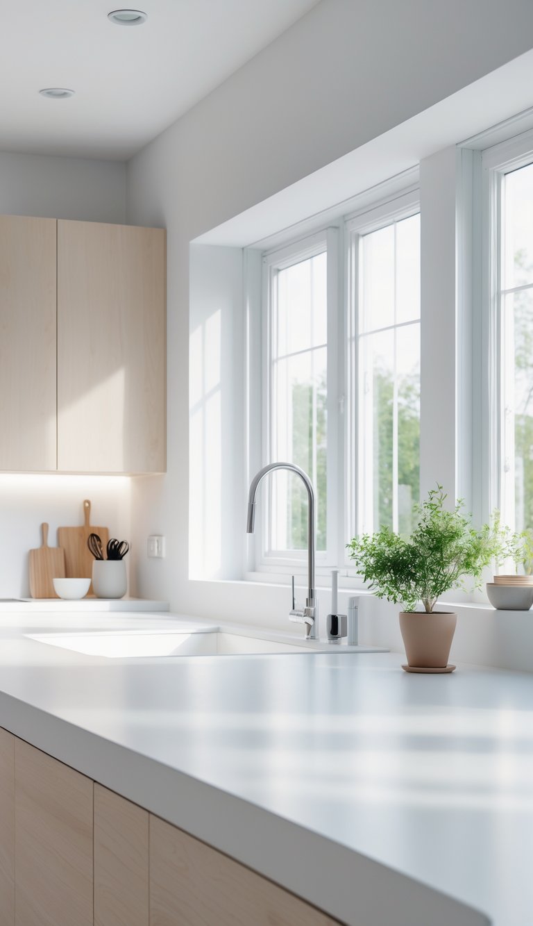 A bright kitchen with matte white countertops, light wood cabinets, and natural light coming through large windows.