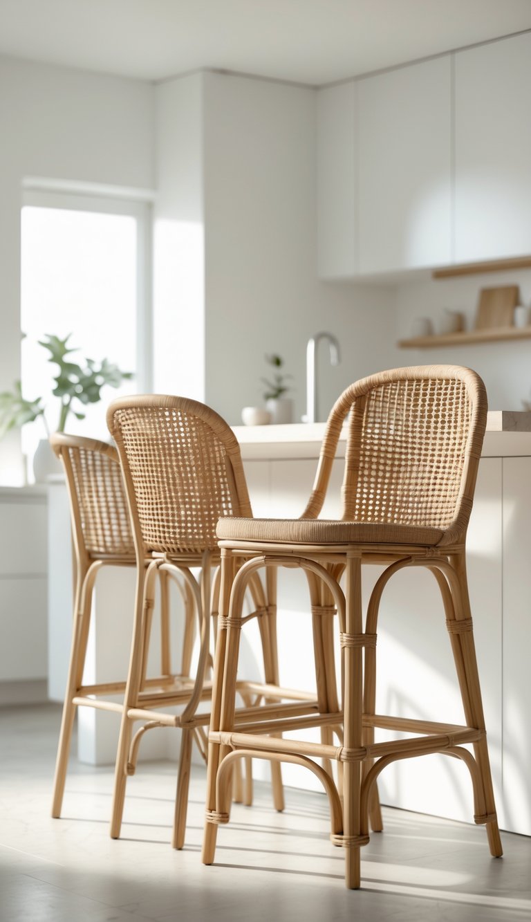 A set of rattan bar stools placed at a kitchen island in a bright and simple kitchen.
