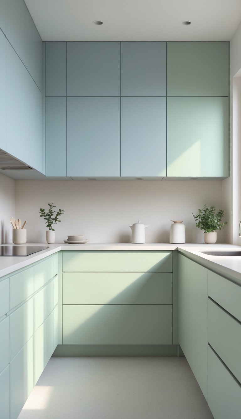 A clean kitchen with soft blue and green cabinets, natural light, and minimal decor.