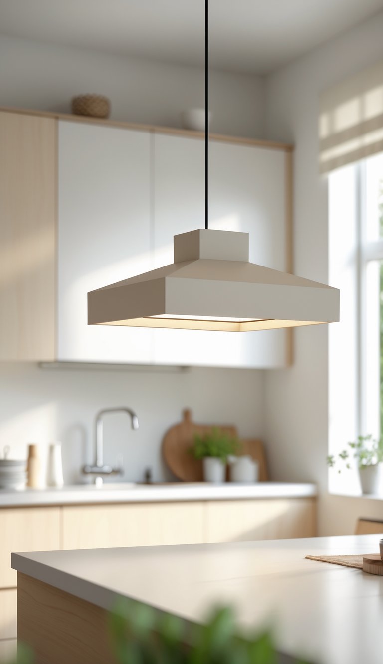 A modern kitchen with a minimalist pendant light hanging over a kitchen island, surrounded by light wood cabinets and white countertops.