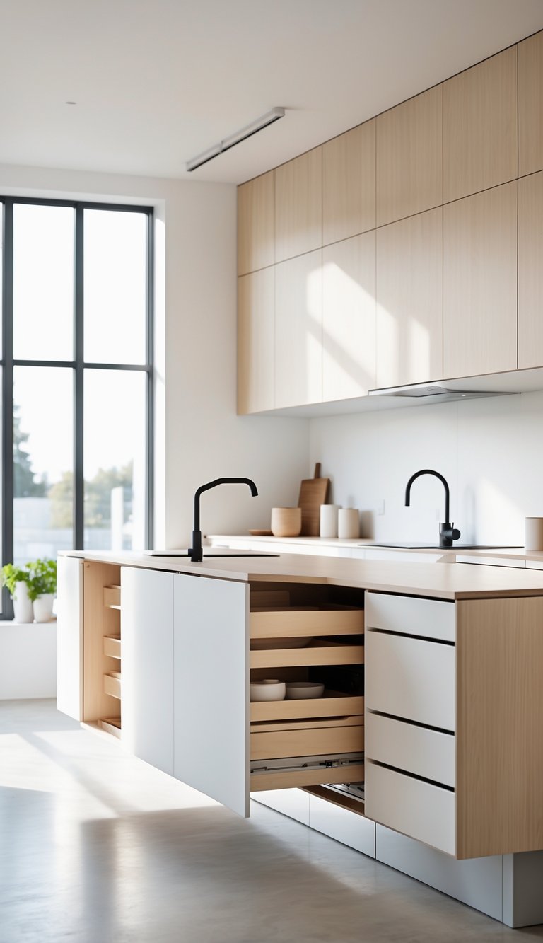 A bright Scandinavian kitchen with integrated smart storage, featuring light wood cabinetry, a clean countertop, and large windows letting in natural light.