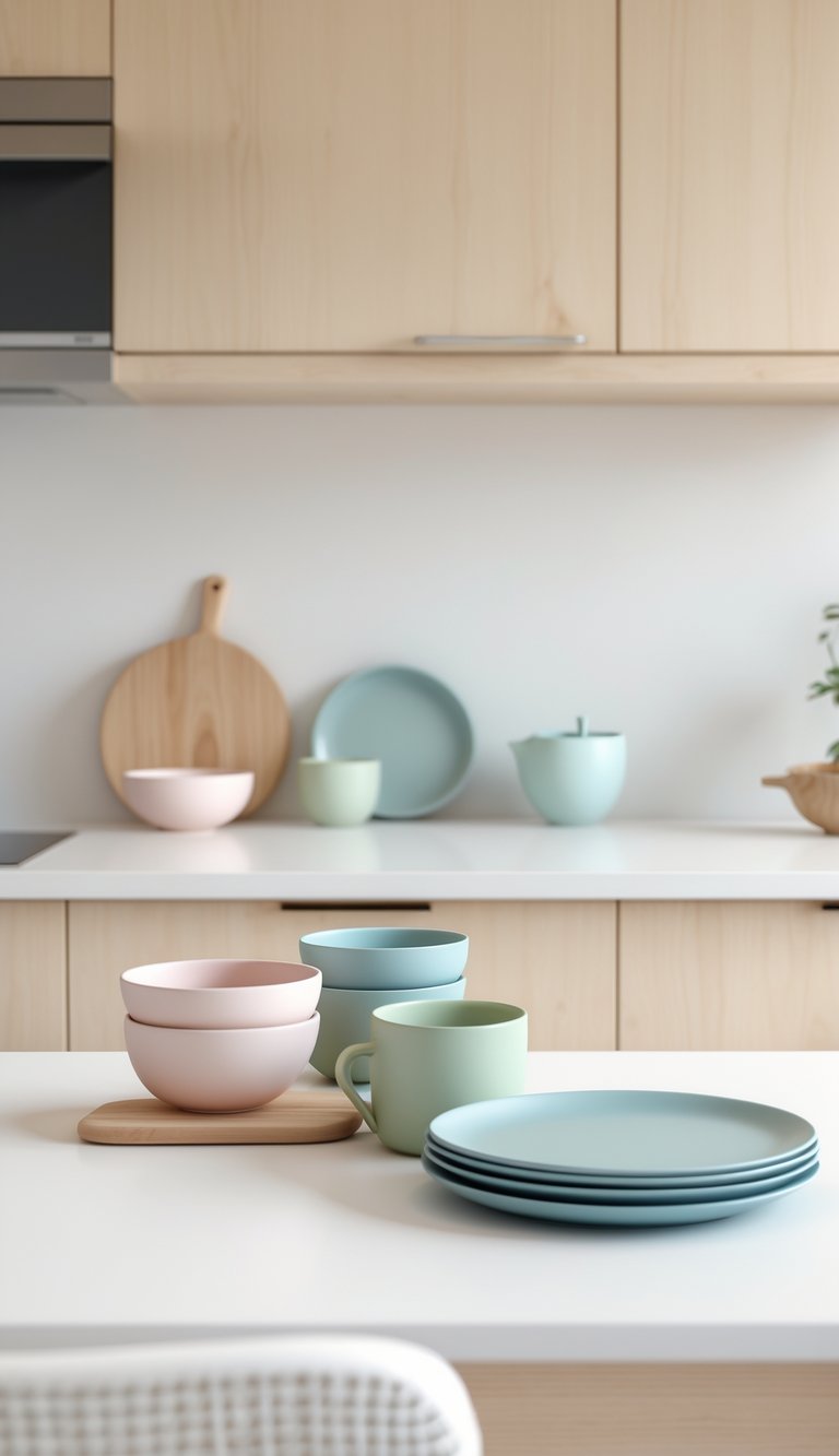 A bright kitchen countertop with light wood cabinets and pastel-colored bowls, mugs, and plates arranged neatly.