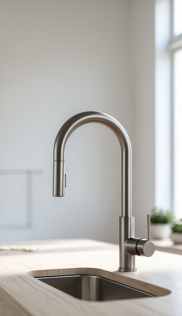 A modern kitchen faucet installed on a wooden countertop next to a clean kitchen sink.