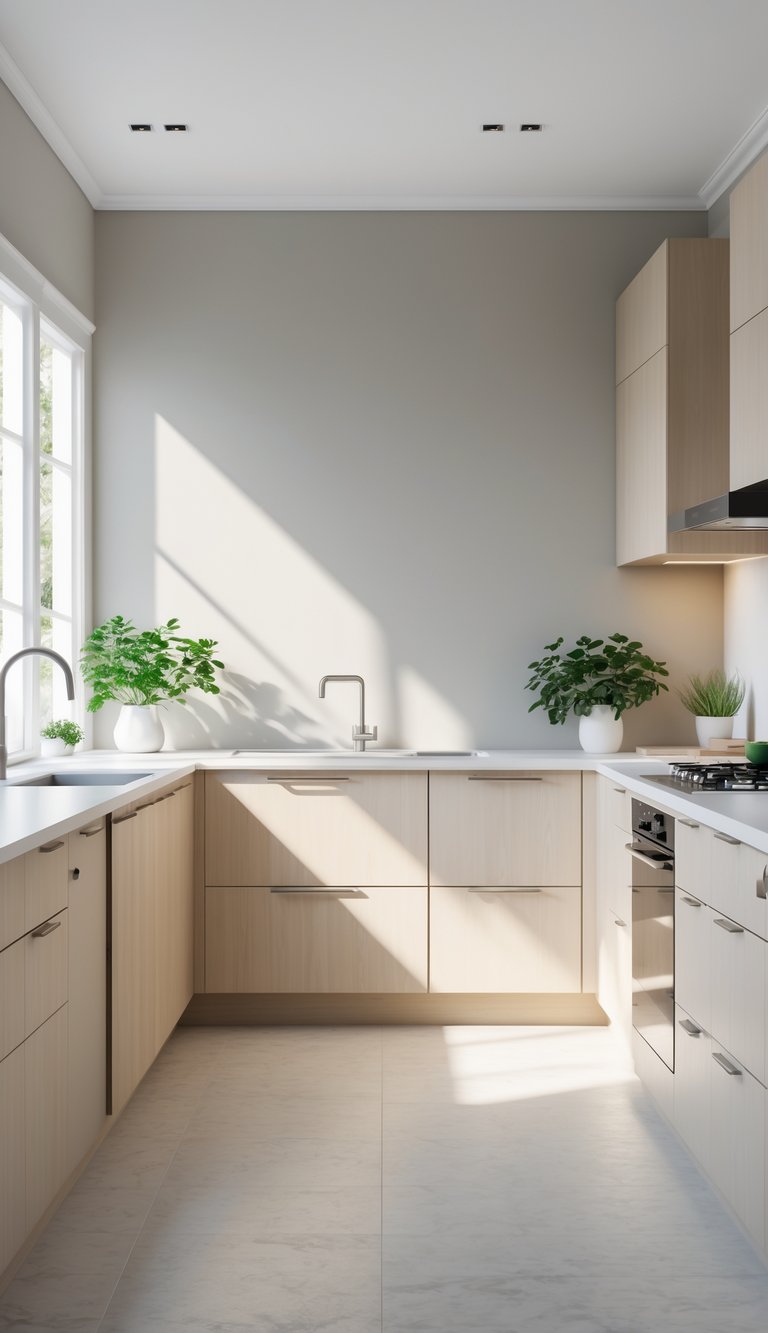 A bright kitchen with soft gray or beige walls, light wood cabinets, white countertops, and green plants near large windows.