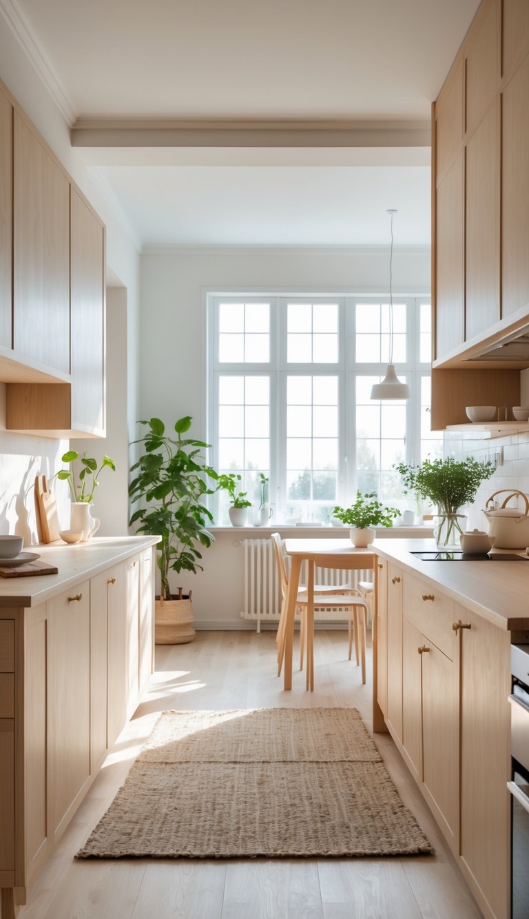 A bright kitchen with light wood cabinets, a natural fiber rug on the floor, a dining table with chairs, and potted plants by a large window.