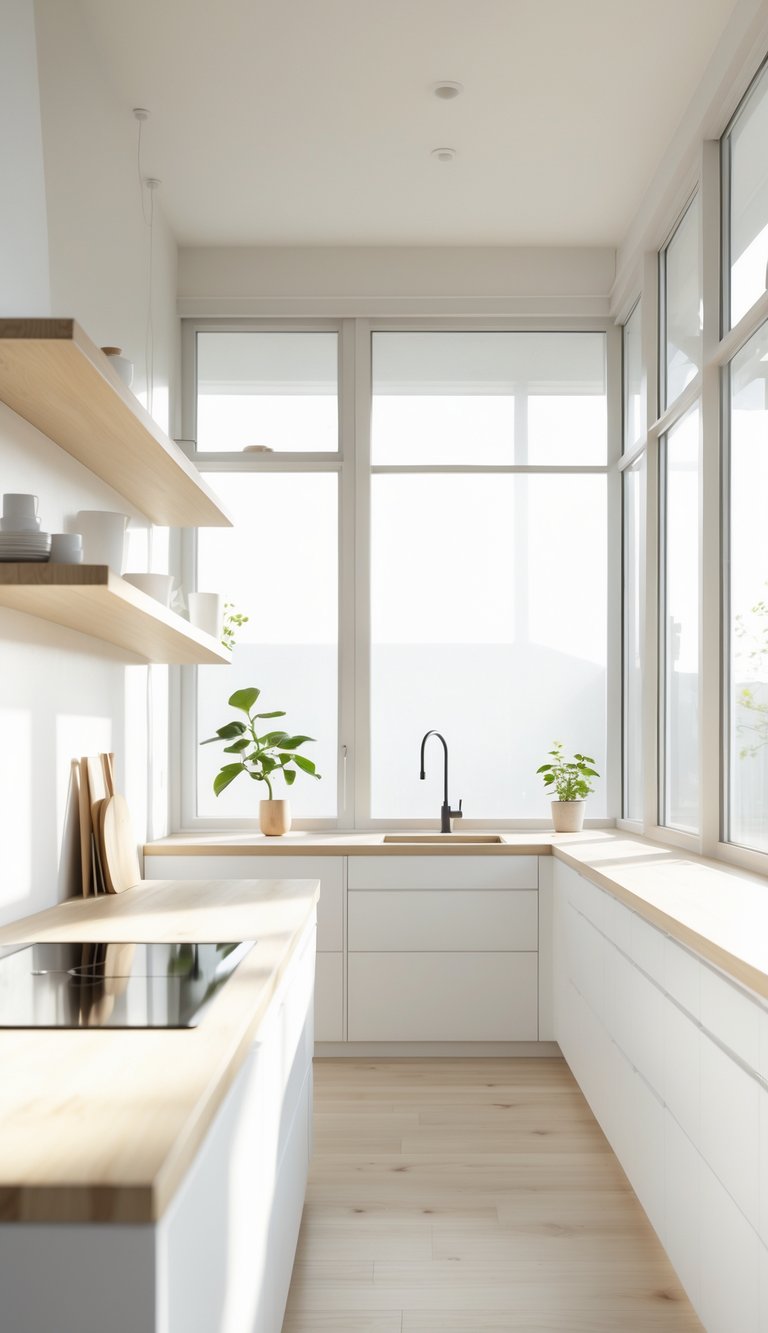 A bright kitchen with large windows letting in natural light, white cabinets, wooden countertops, and a small plant on the windowsill.