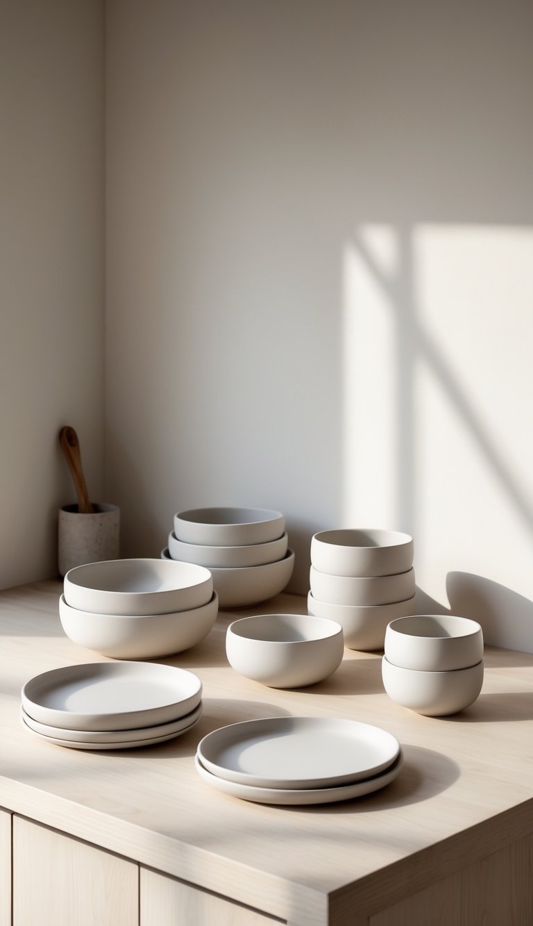 A simple ceramic dishware set including plates, bowls, and cups arranged on a wooden kitchen countertop.