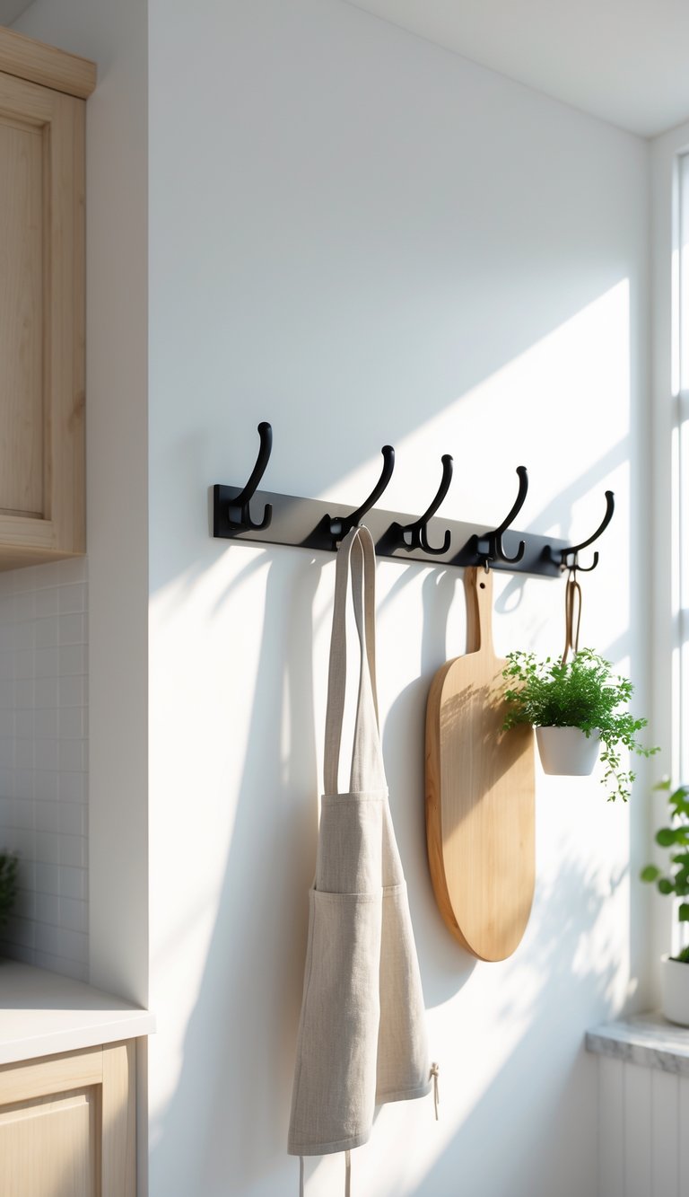 Wall-mounted hooks holding kitchen items like an apron, cutting board, and potted herb in a bright kitchen.
