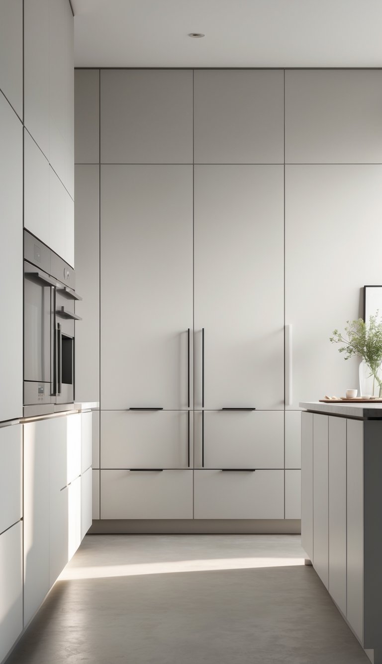 A modern kitchen with smooth, handle-free cabinets and a clean countertop illuminated by natural light.