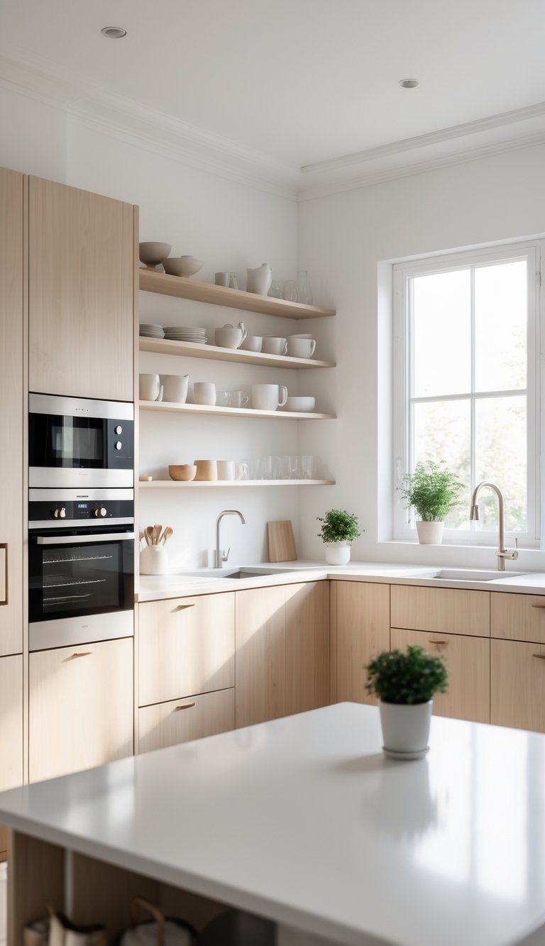 A bright, clean kitchen with light wood cabinets, white countertops, open shelves with dishes, and small potted plants on the counter.