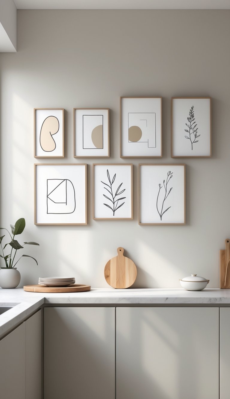 A modern kitchen wall with several minimalist art pieces displayed above a clean countertop with a small plant and kitchenware.