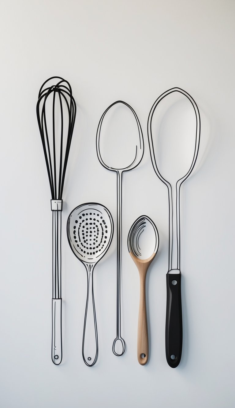 A clean arrangement of kitchen utensils including a whisk, spatula, ladle, wooden spoon, and knife on a plain background.