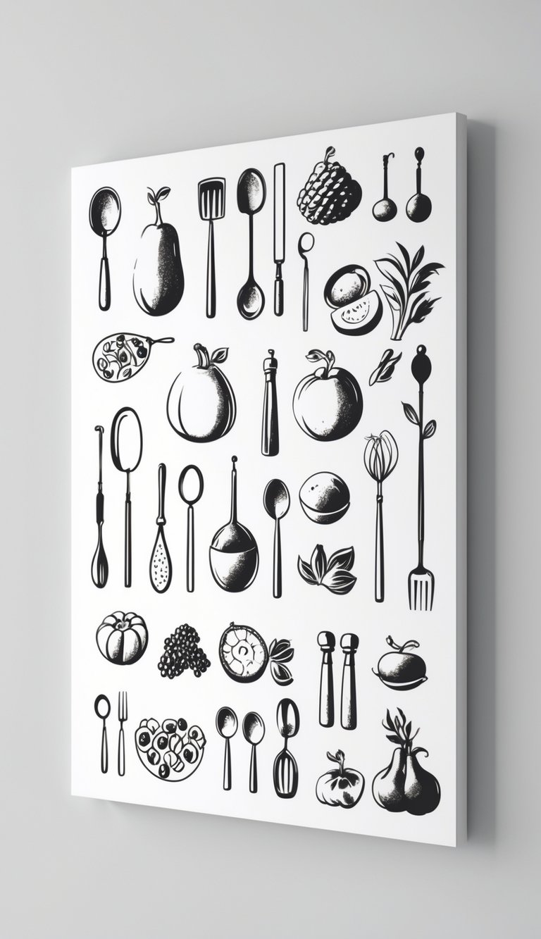 Black and white illustration of various food items and kitchen utensils arranged on a plain background.