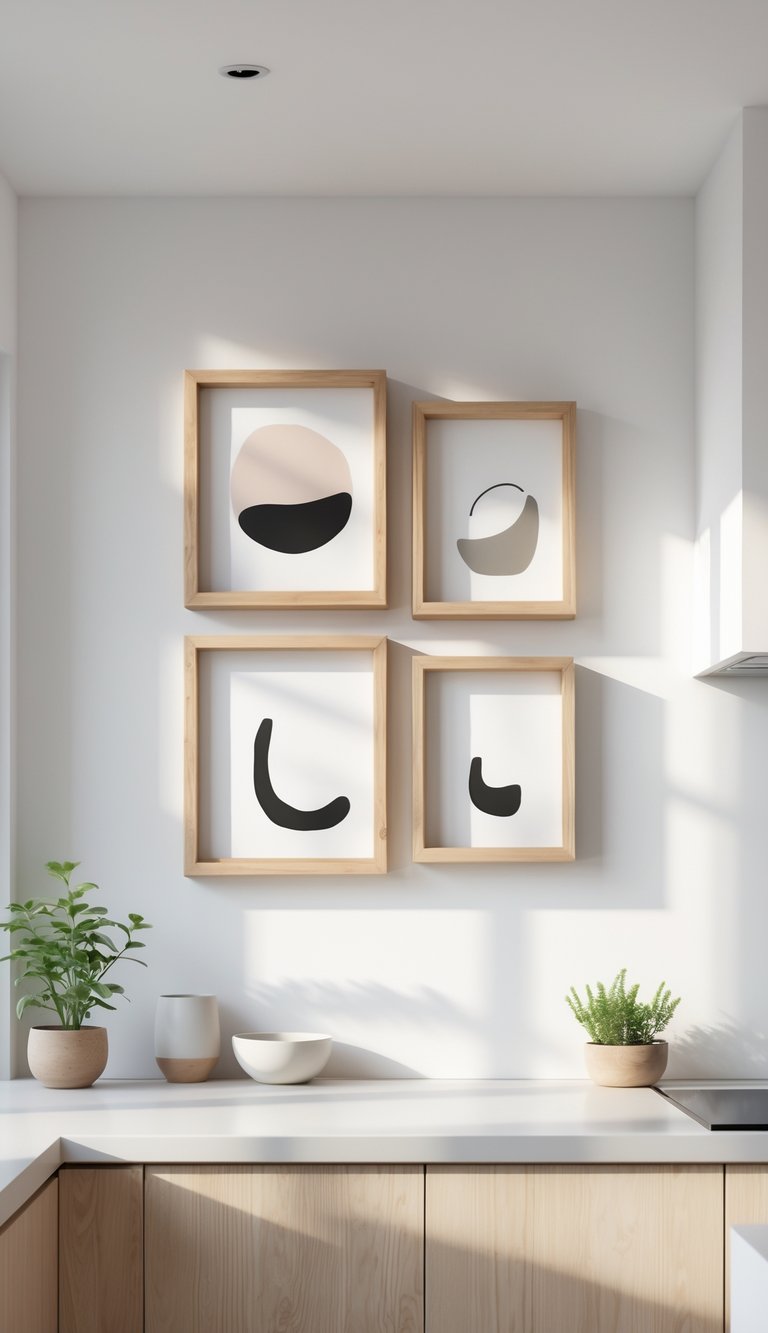 A bright kitchen with wooden framed artwork on a white wall above a clean countertop with a plant and bowl.