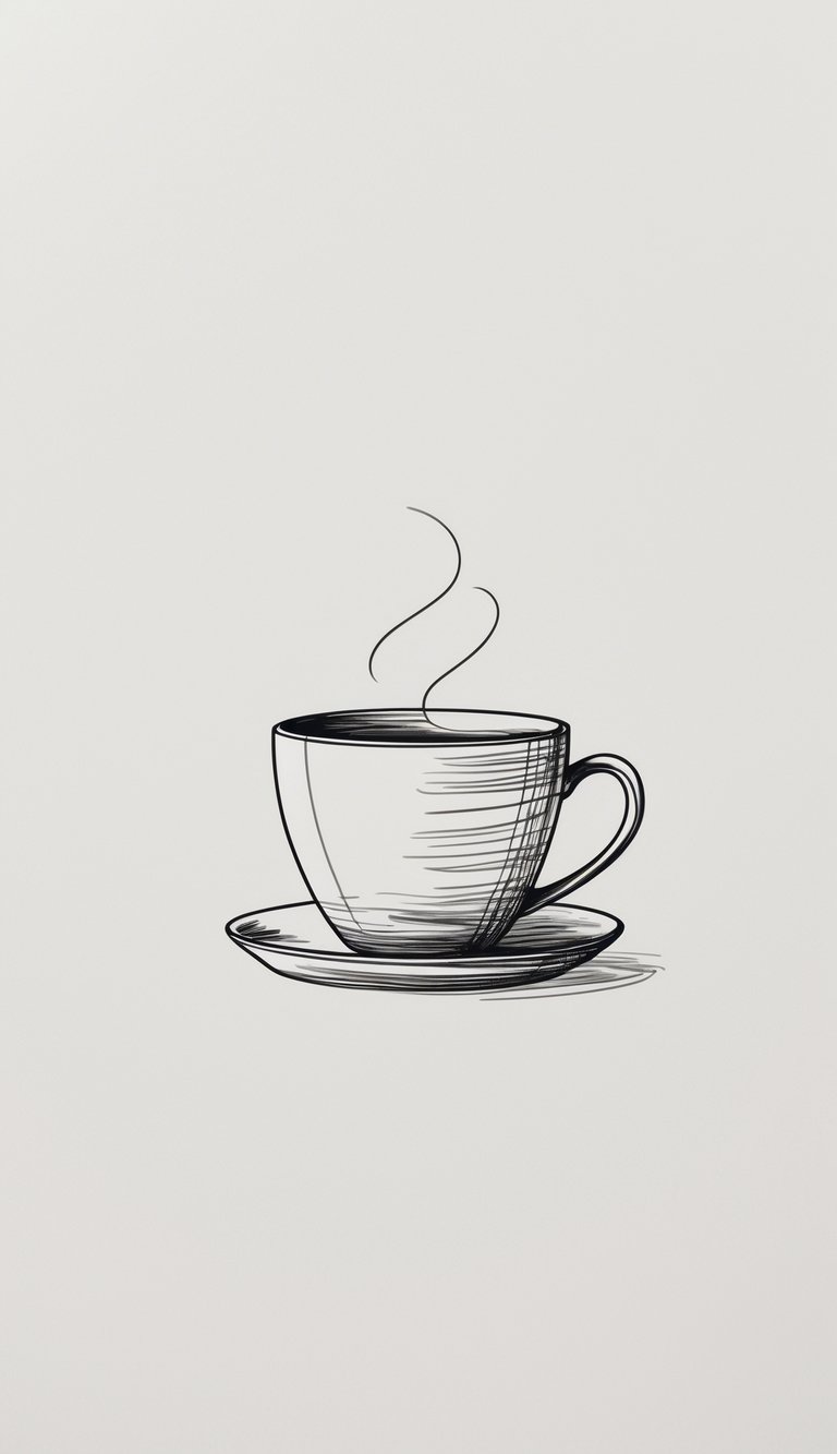 A simple black line drawing of a coffee cup with steam on a white background.