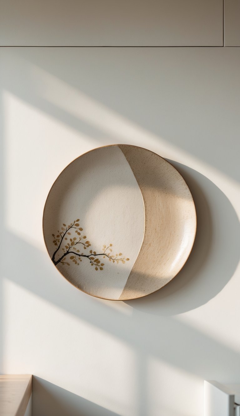 A single Japanese ceramic plate with natural earthy tones hanging on a plain white kitchen wall.