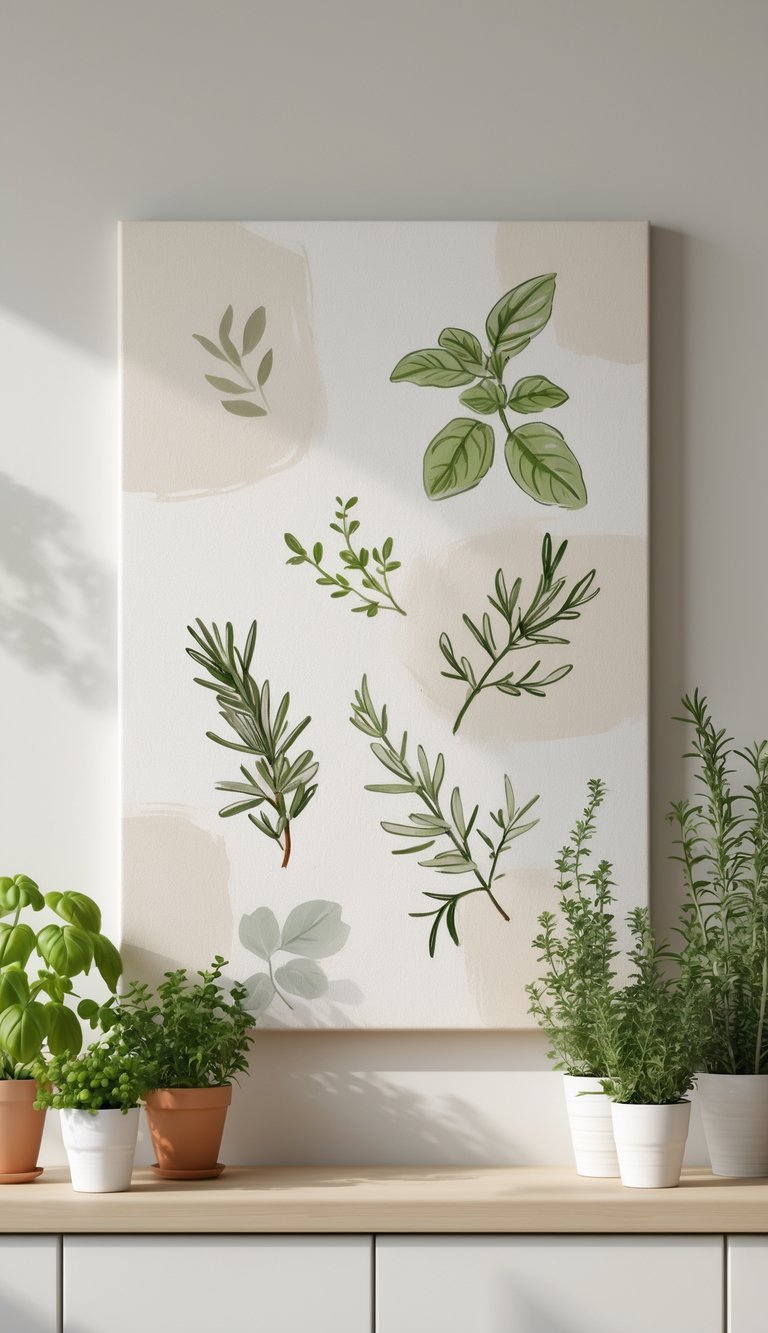 A neutral-toned canvas with illustrations of kitchen herbs on a light kitchen wall, accompanied by small pots of fresh basil, rosemary, and thyme on a wooden surface.