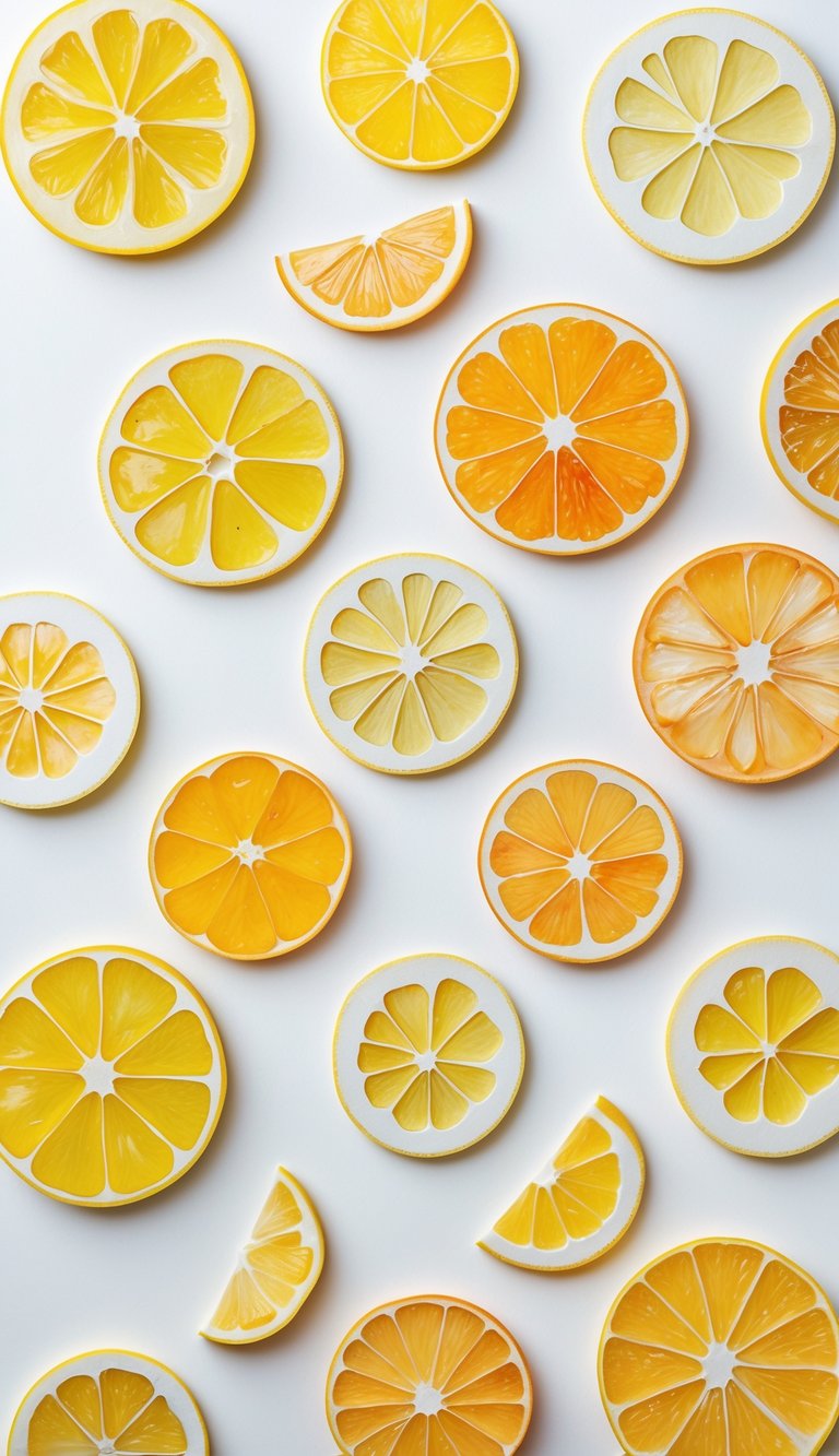 Close-up of several lemon and citrus slices arranged neatly on a white surface.