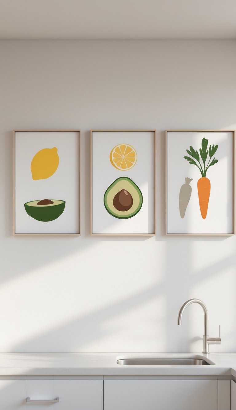 A kitchen wall with three framed prints showing simple illustrations of a lemon, avocado, and carrot.